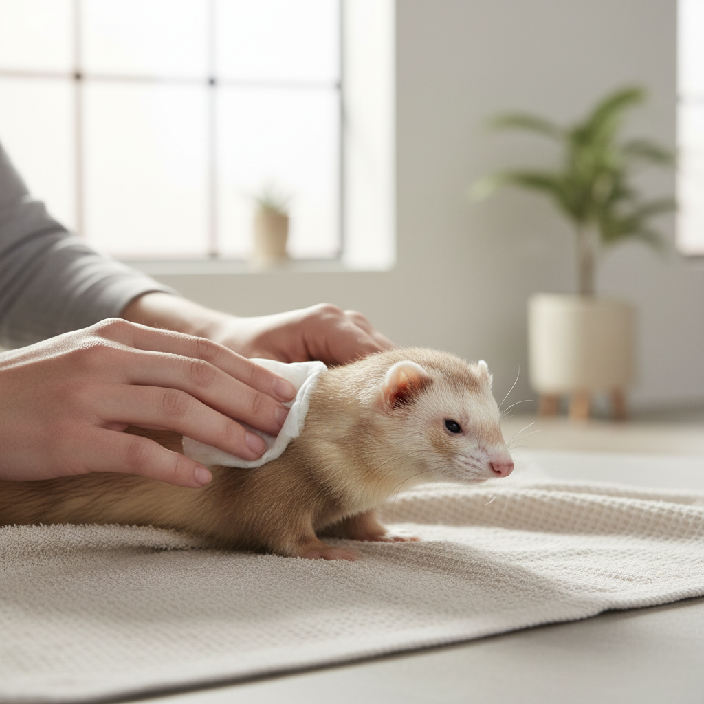 Owner using ferret grooming wipes to clean a ferret gently on a towel