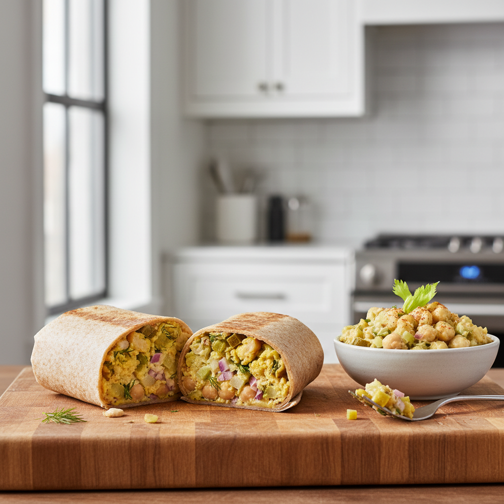 Chickpea salad wrap made from canned chickpeas on a cutting board