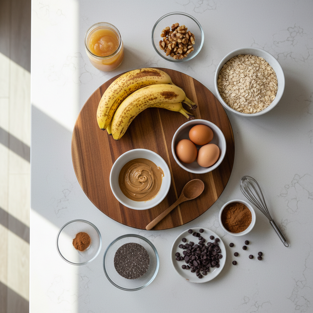 Ingredients for healthy breakfast cookies no added sugar on kitchen counter