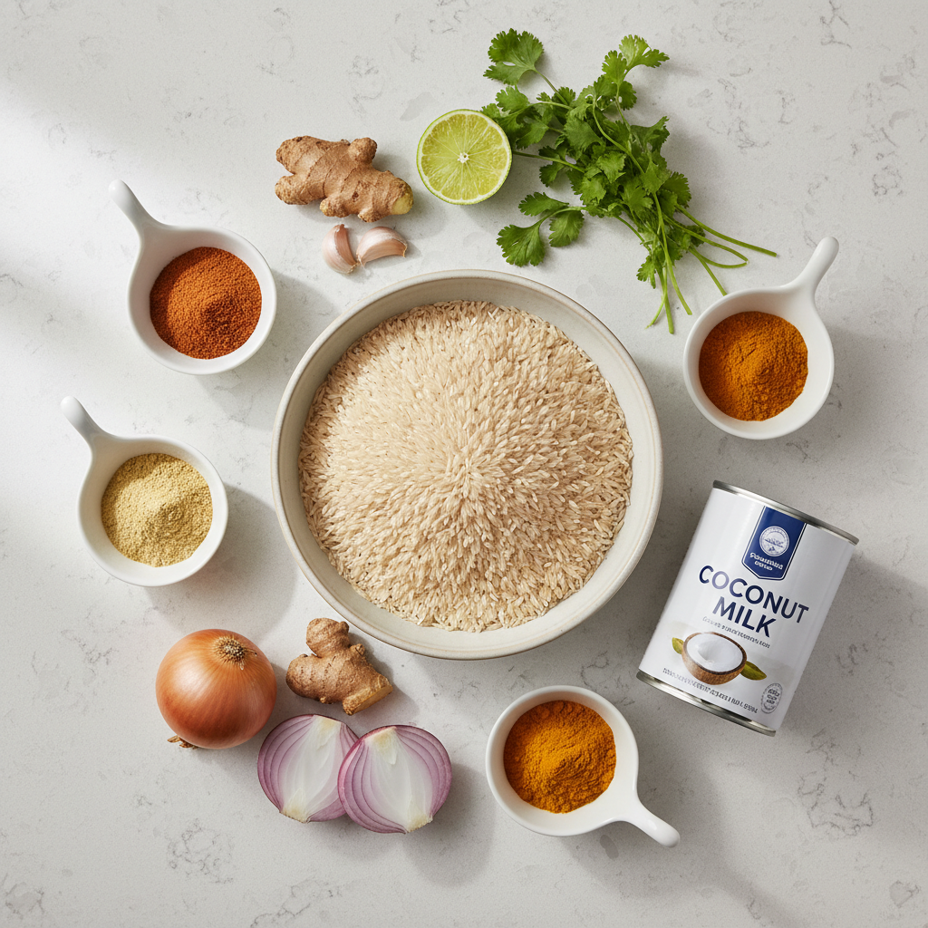 Ingredients for curry recipes laid out: spices, coconut milk, ginger, garlic, rice