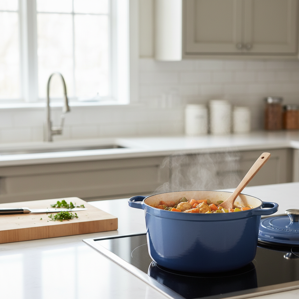 One pot dinner cooking in a Dutch oven with minimal tools on the counter