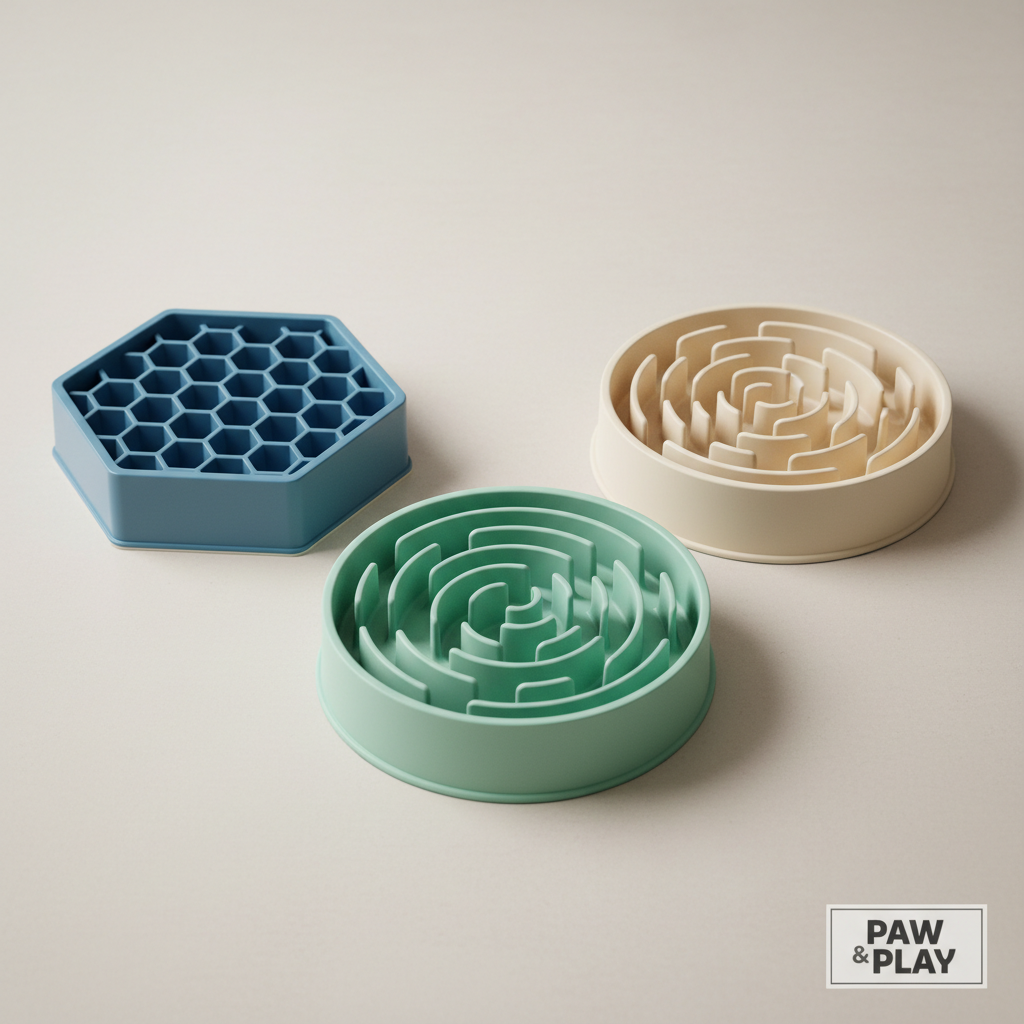 Close-up of different slow feeder bowl maze patterns and materials