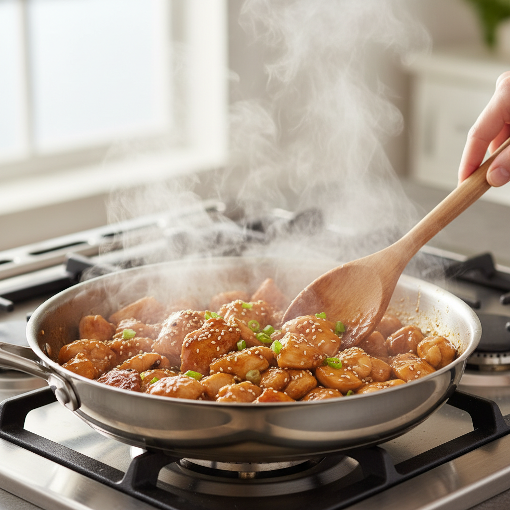 Homemade teriyaki chicken in a skillet with glossy sauce