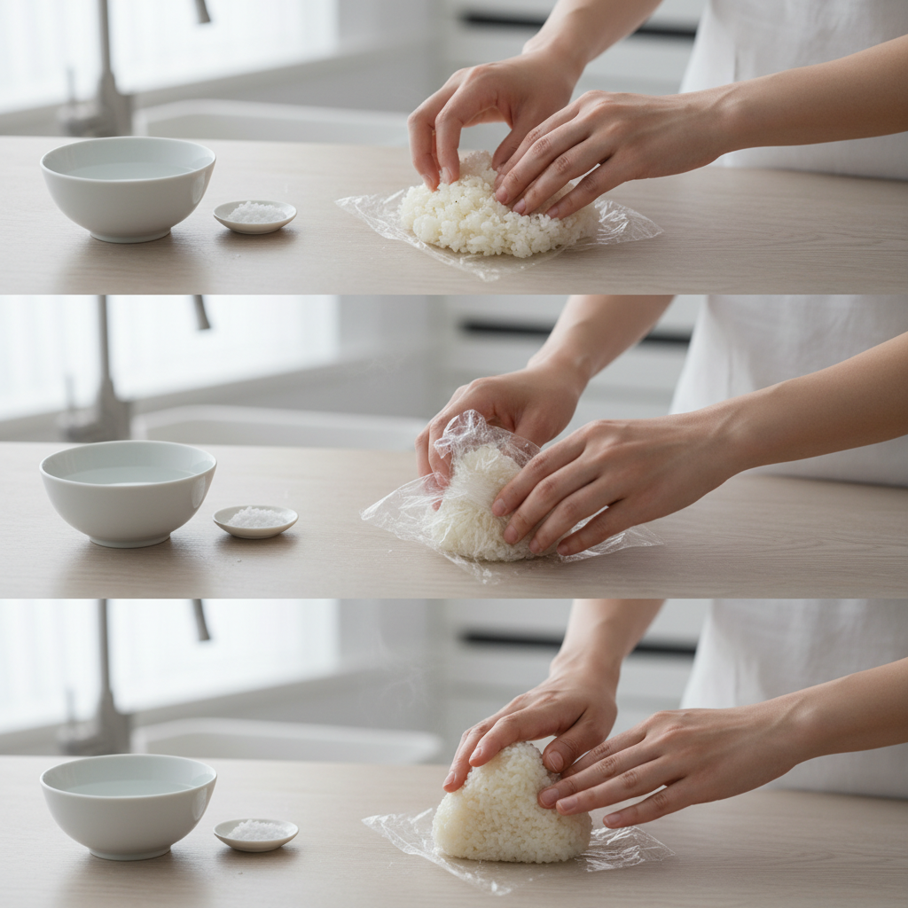 Step-by-step shaping onigiri with plastic wrap and salted rice