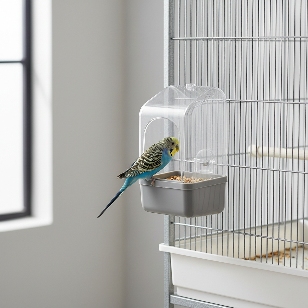 No-spill bird food holder mounted inside a wire cage with minimal scattered seed