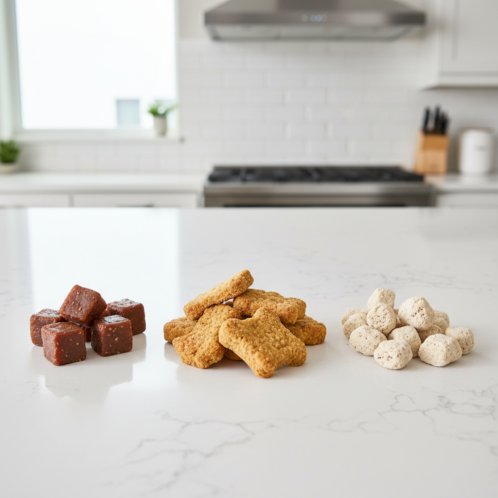Different dog treat types: crunchy biscuits, soft chews, freeze-dried pieces