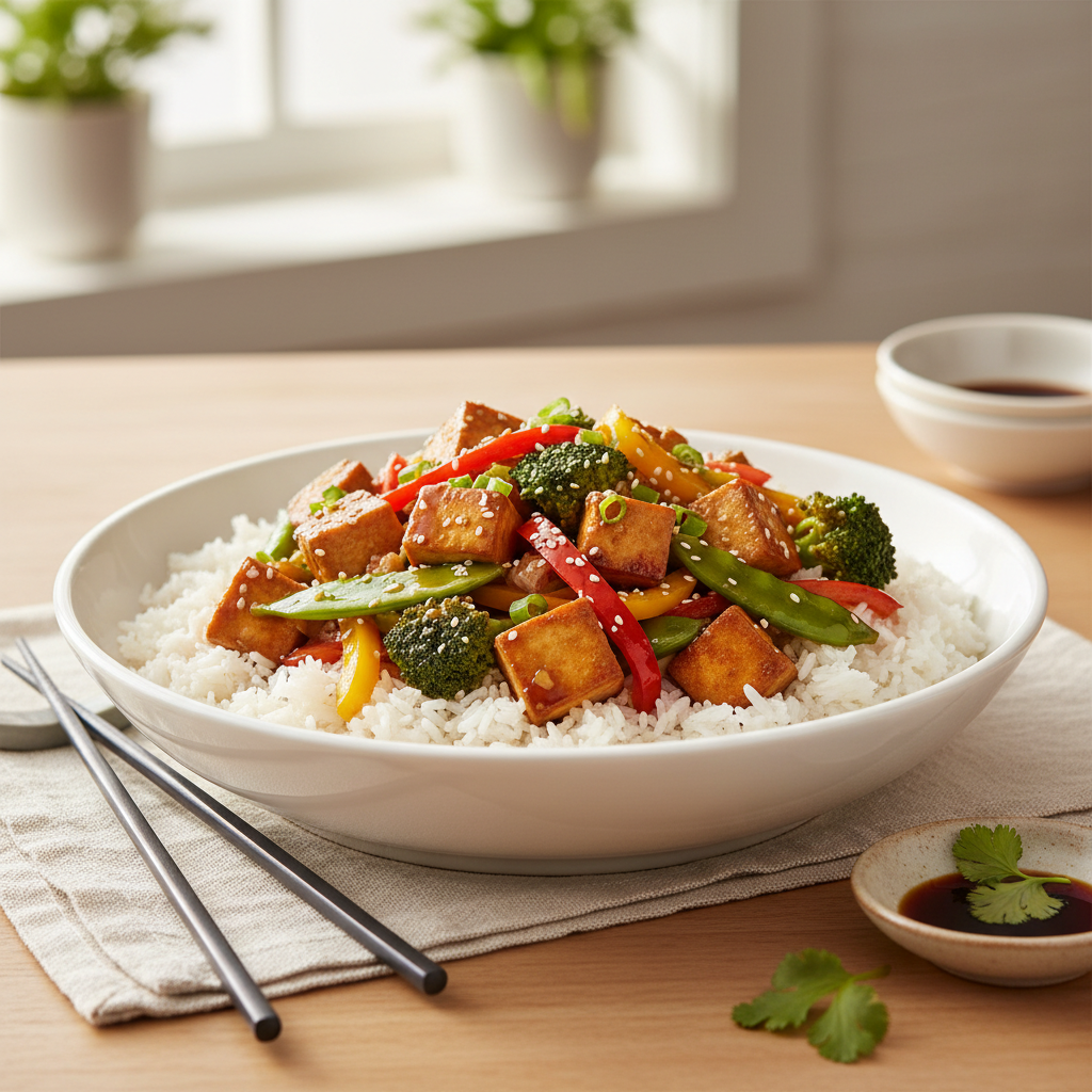 Tofu stir fry with vegetables and glossy sauce served over rice