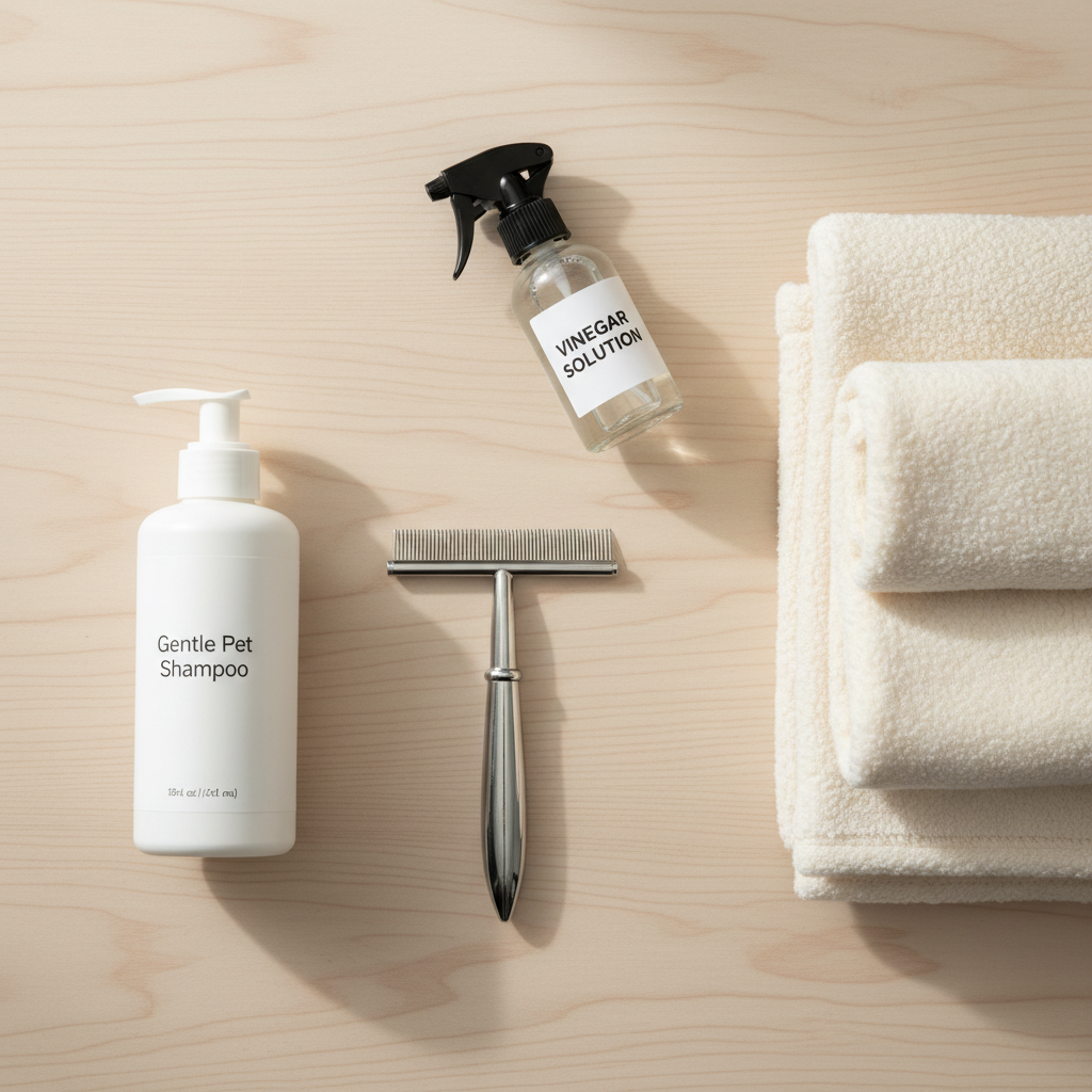 Natural flea treatment supplies like flea comb, gentle shampoo, and washable pet bedding