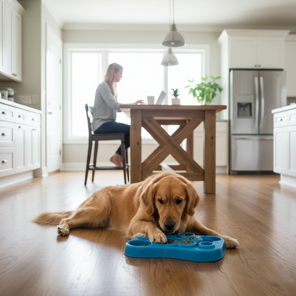 Dog enjoying a food puzzle toy to reduce boredom barking