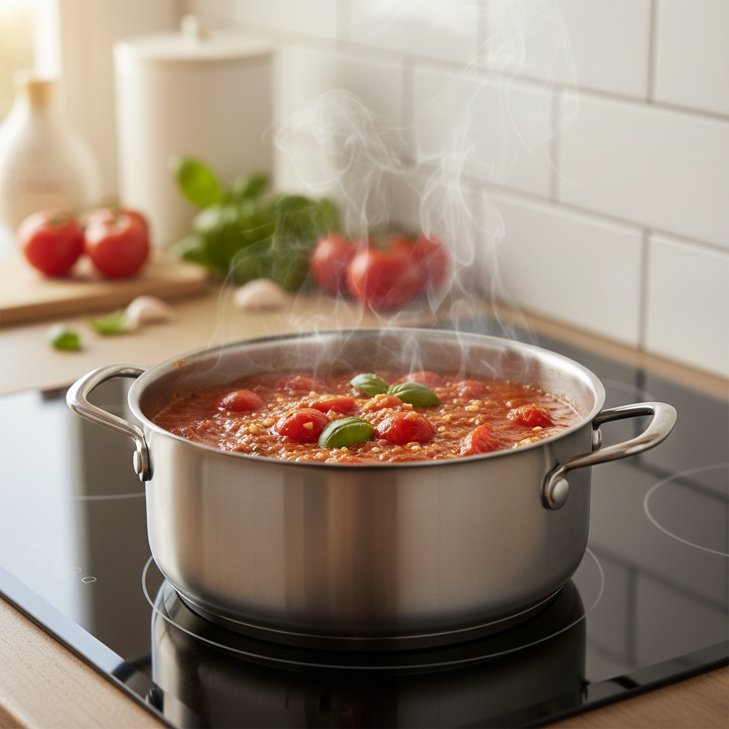 Homemade spaghetti sauce simmering in a saucepan with tomatoes and basil
