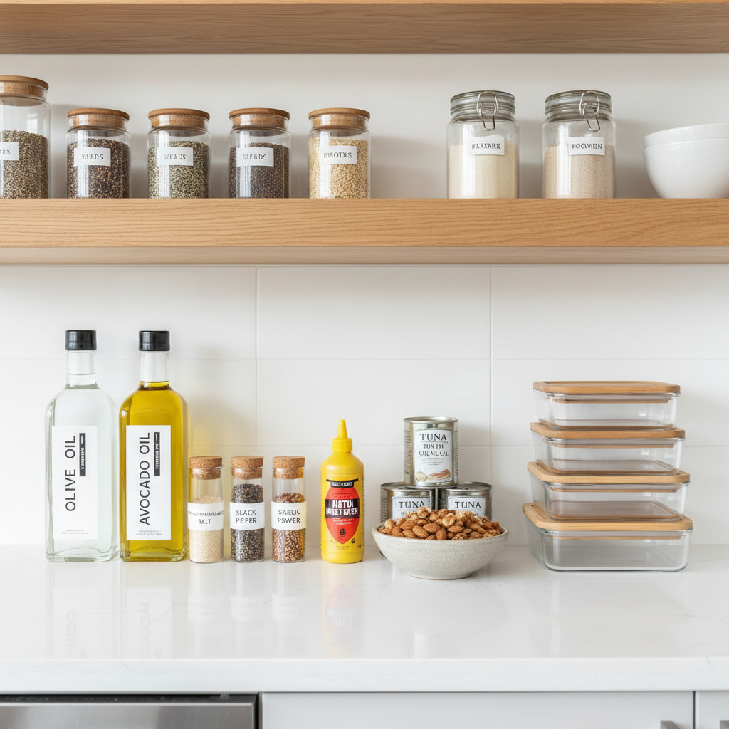 Keto pantry staples with labels and meal prep containers