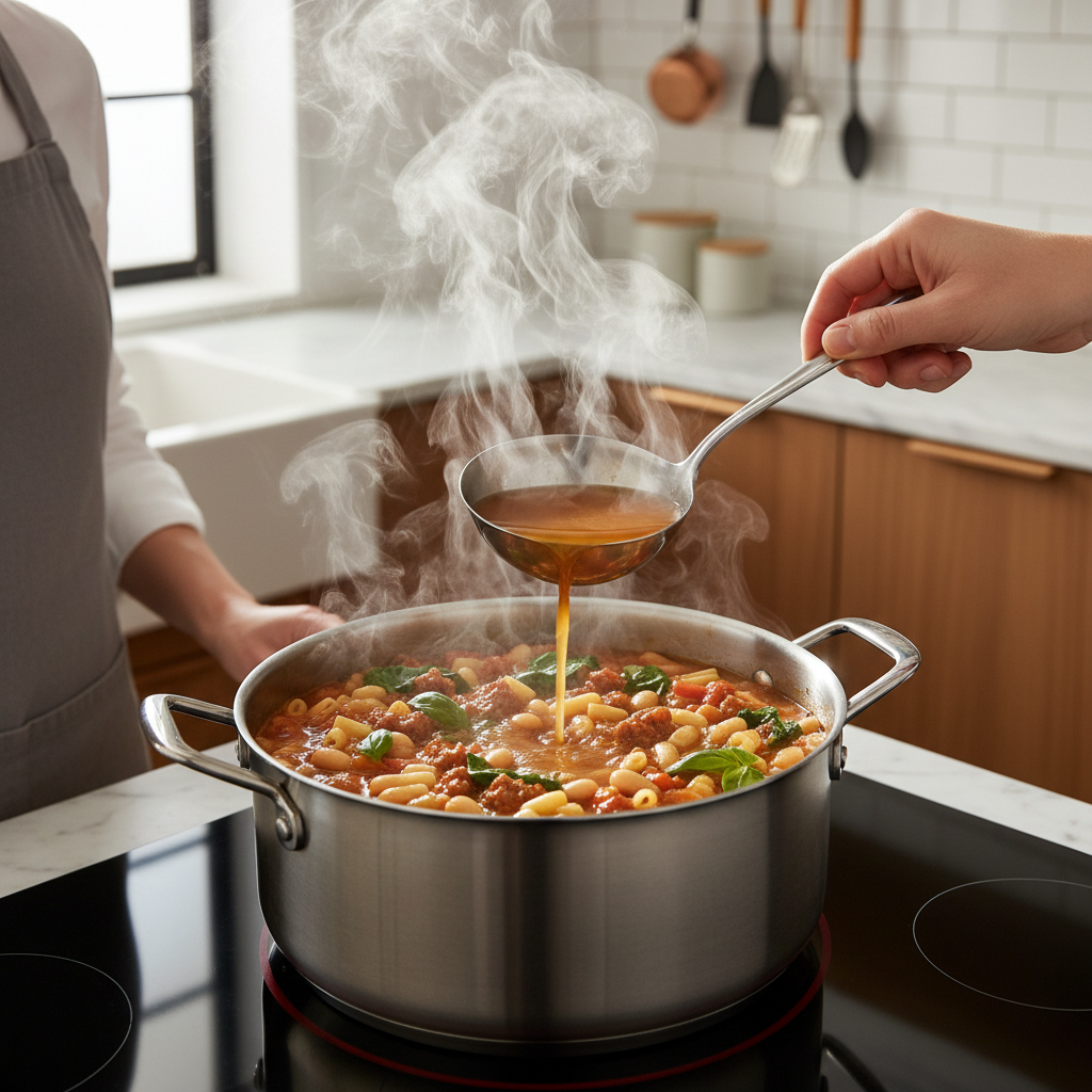 Reheating pasta e fagioli soup on stovetop with broth added to adjust thickness
