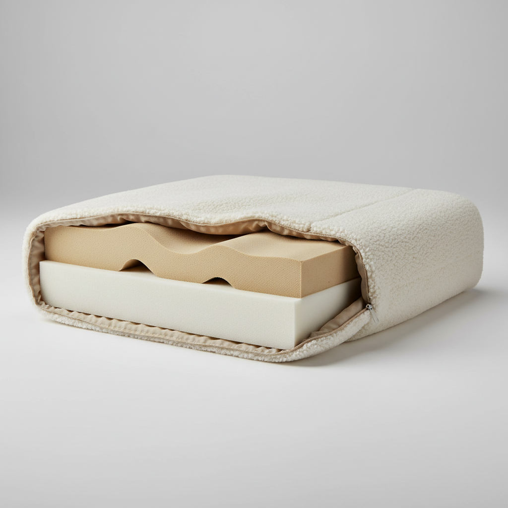 Close-up of layered orthopedic foam dog bed with plush warm cover