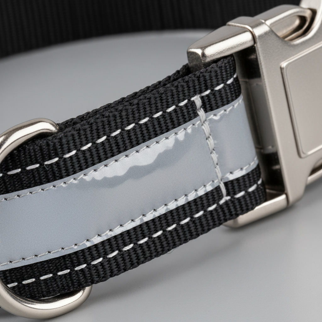 Close-up of reflective collar material and stitching quality