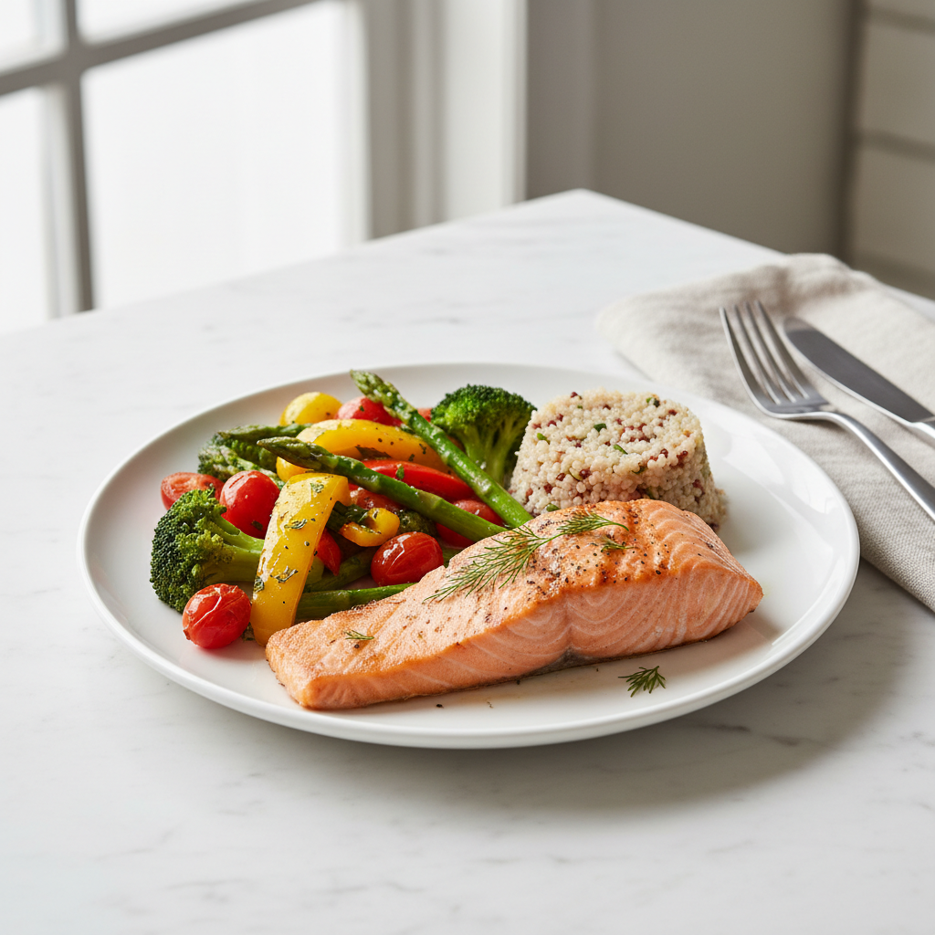 Balanced diabetic-friendly plate with protein vegetables and whole grains