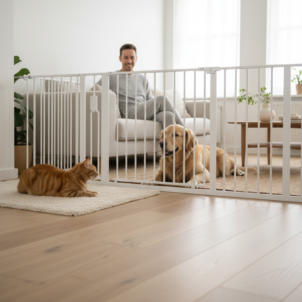 Cat and dog separated by baby gate during a calm first introduction