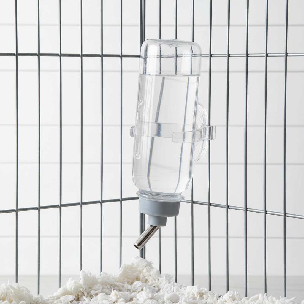 Correct angle and secure mounting for a low-leak rabbit water bottle on cage bars