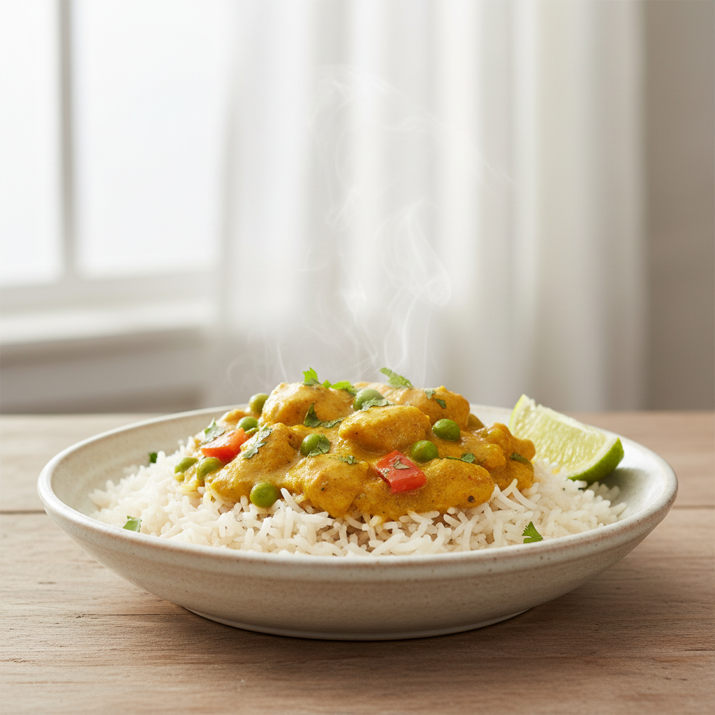Aromatic curry served over fluffy basmati rice in a bowl