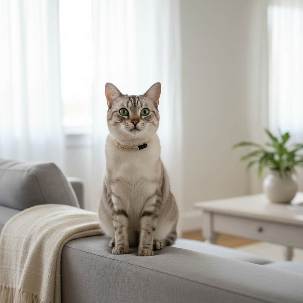 Cat wearing a natural flea and tick collar at home