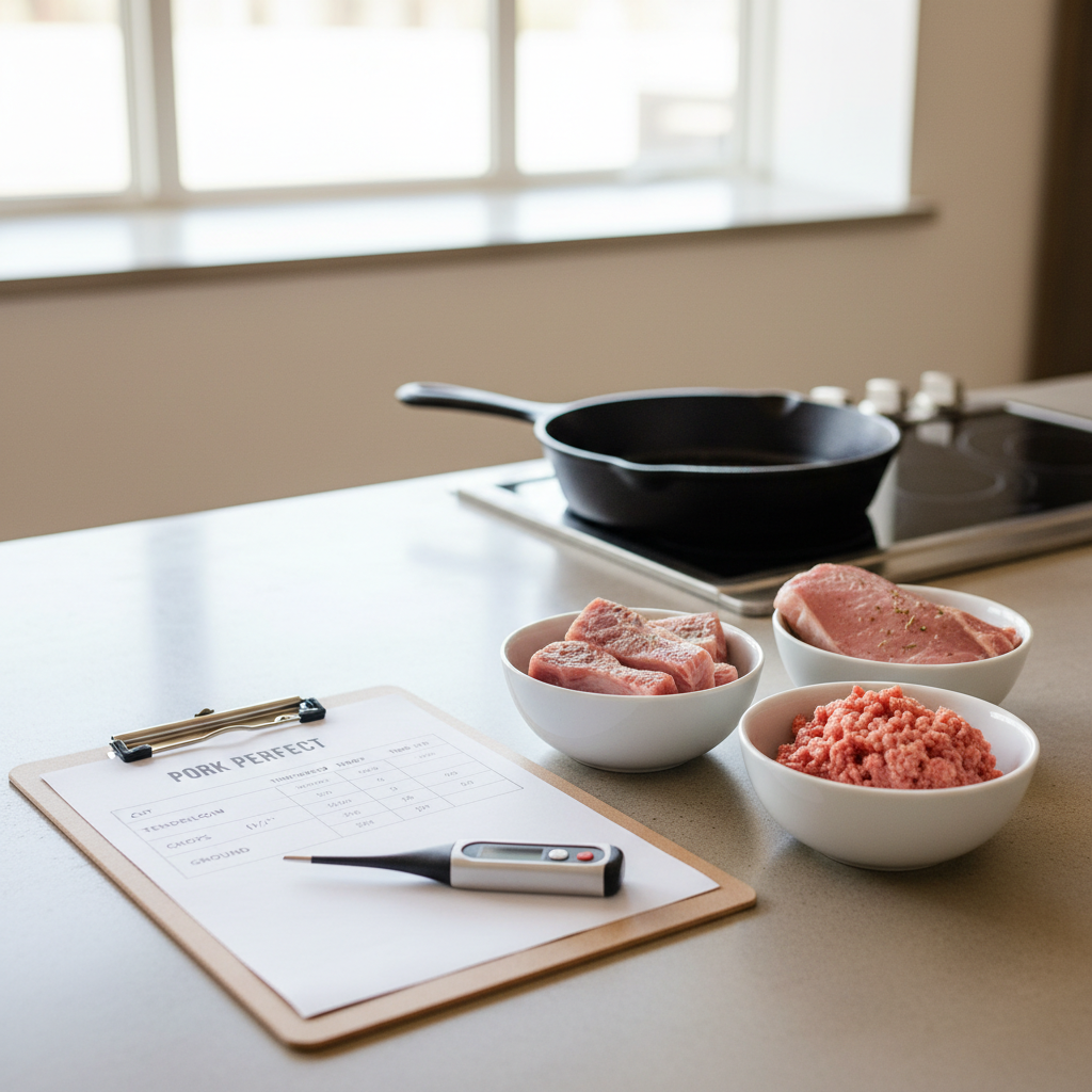 Cook-time guide for pork cuts in a clean kitchen setting