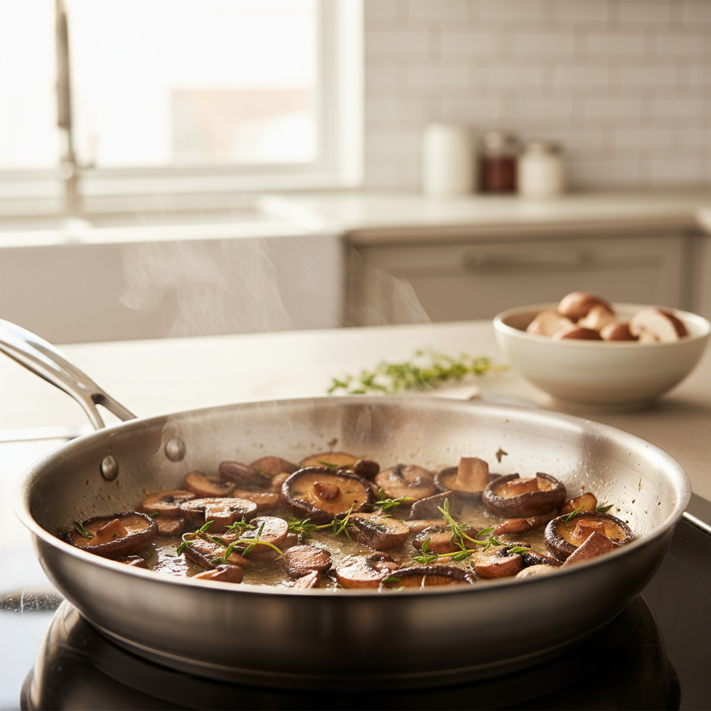 Mushrooms browning in a skillet for creamy mushroom soup