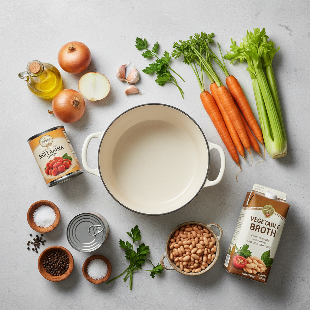 Common soup aromatics and pantry staples arranged for easy simple soup recipes
