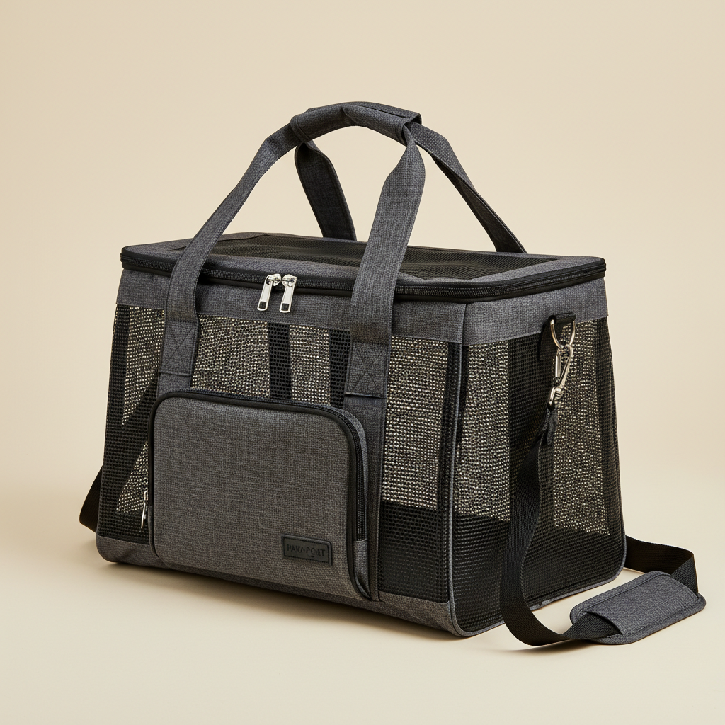 Small pet carrier bag with breathable mesh panels for airflow during travel