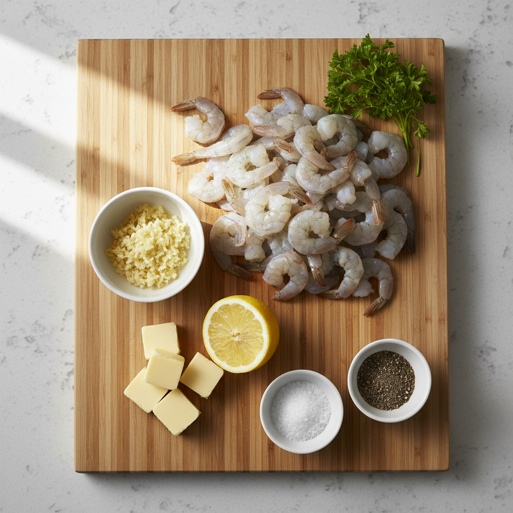 Prep setup for garlic butter shrimp with raw shrimp, minced garlic, butter, and lemon on a cutting board