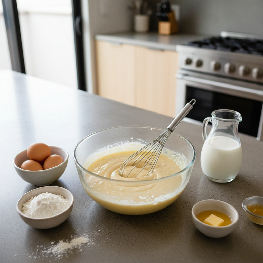 Mixing sweet crepe batter in a bowl with whisk on a kitchen counter