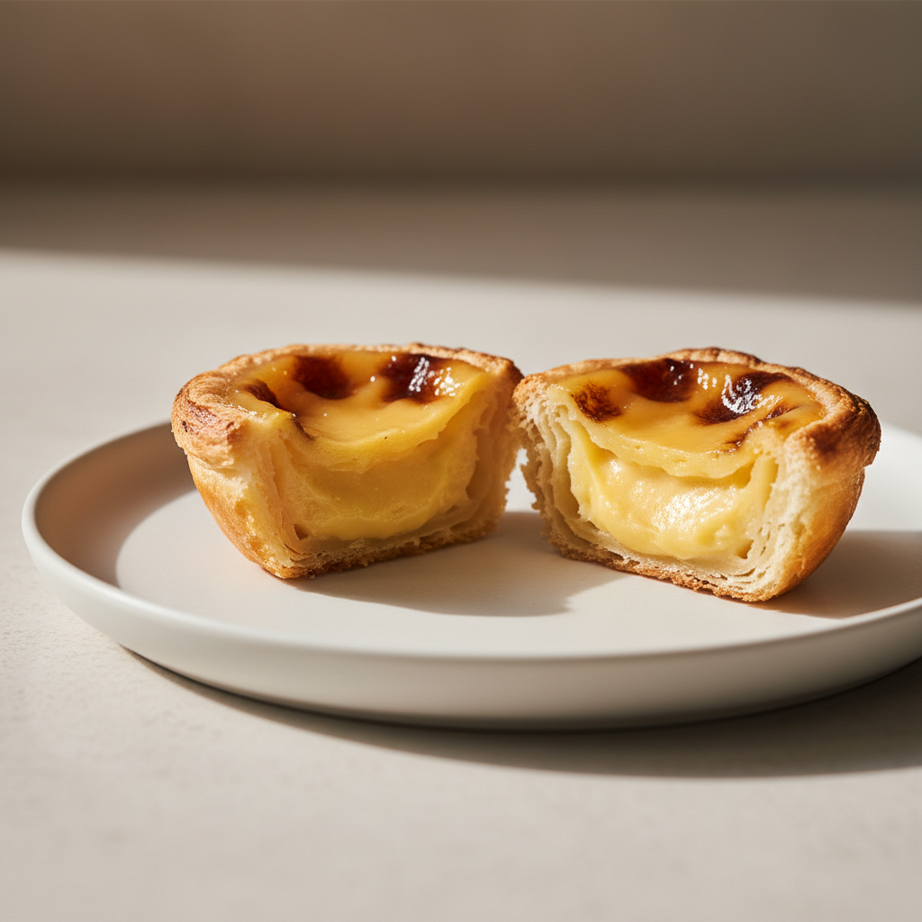 Close-up of a Portuguese custard tart showing flaky layers and creamy custard