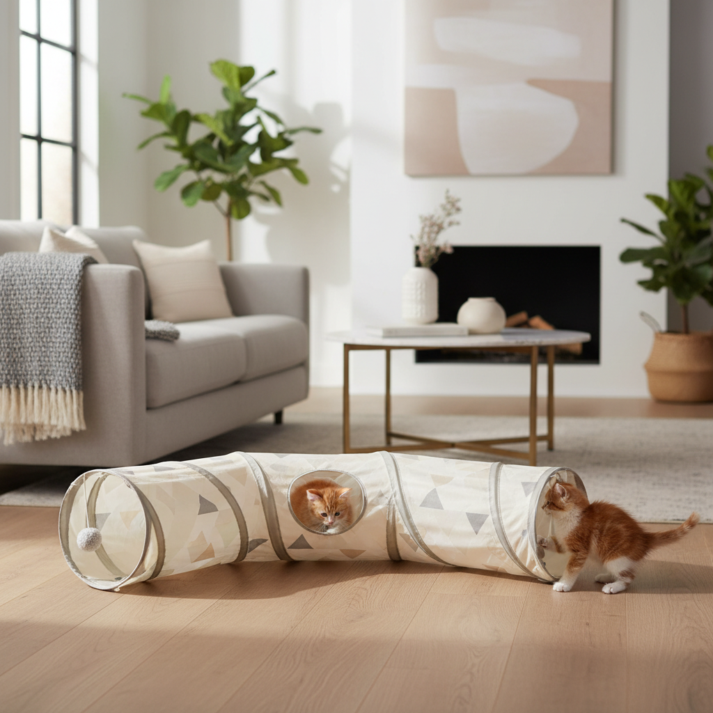 Collapsible small pet tunnel toy set up in a living room play area