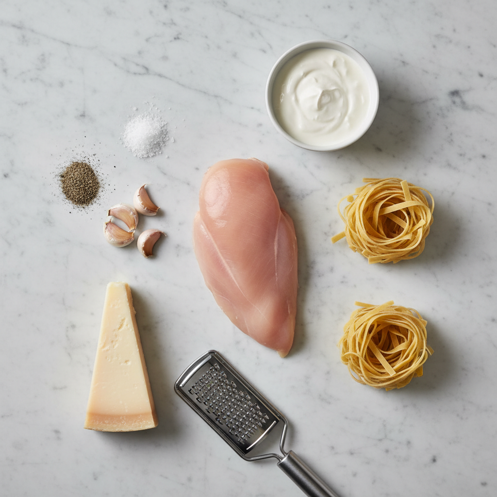 Simple ingredients for easy chicken Alfredo including pasta, chicken, Parmesan, cream, and garlic