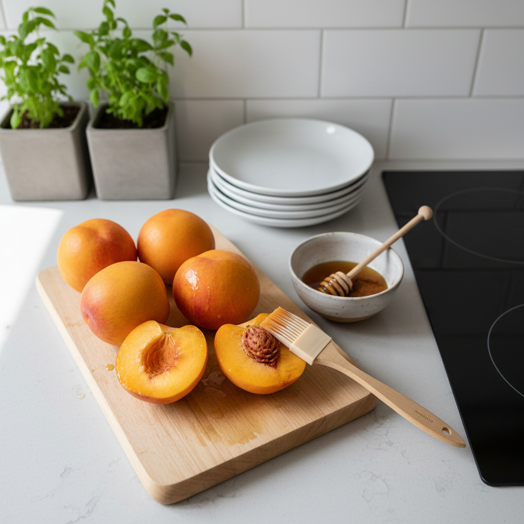 Step-by-step prep of peaches halved and brushed with oil on a cutting board
