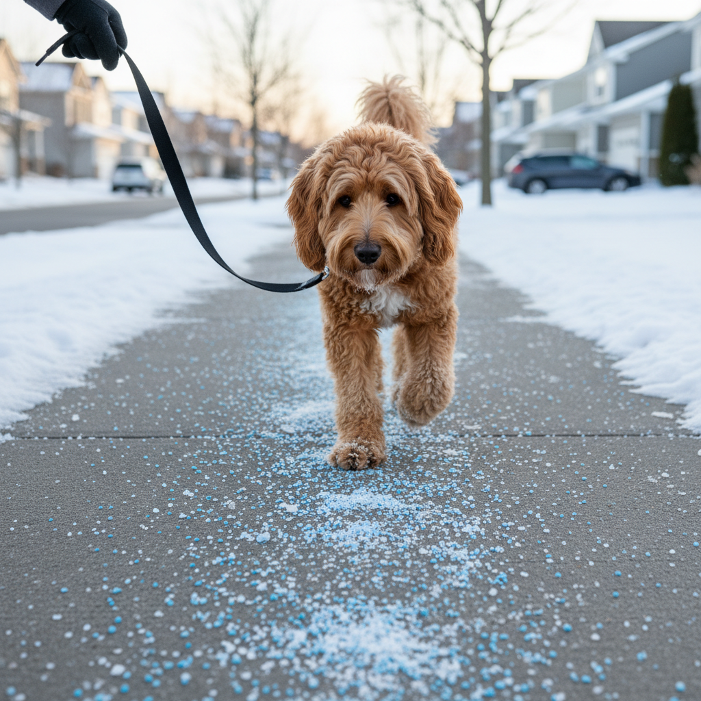 Dog walking on a salted sidewalk in winter with paw protection focus