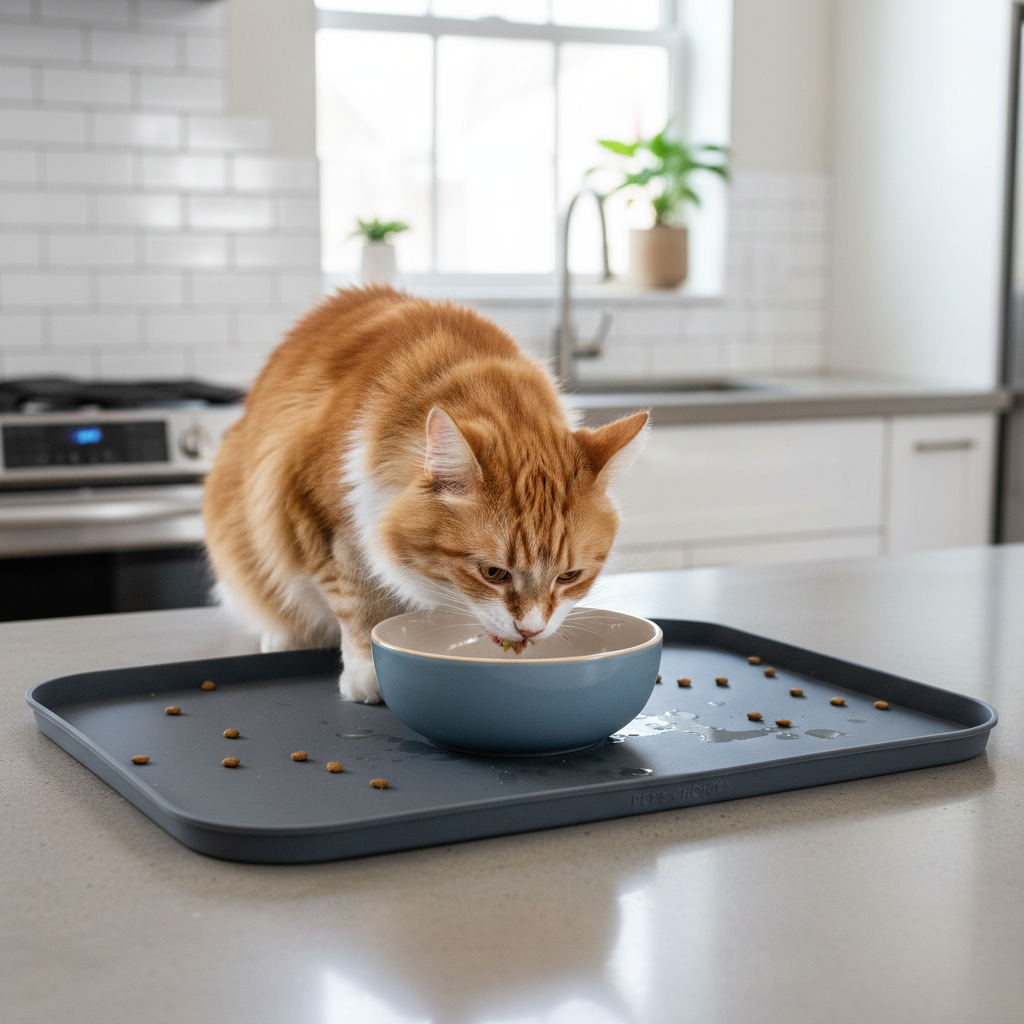 Cat eating from a wide stable bowl on a silicone mat with raised edge