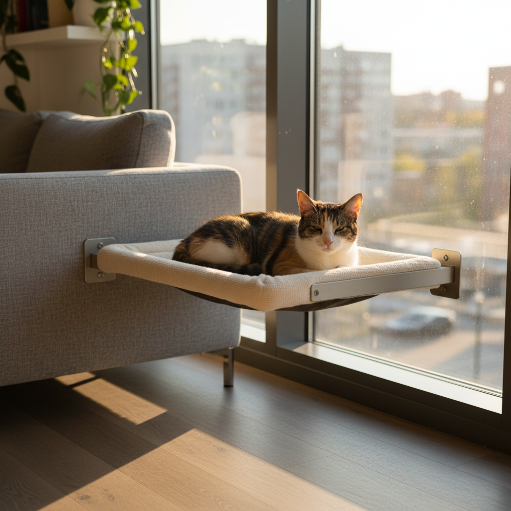Cat relaxing on a window seat bed in warm sunlight