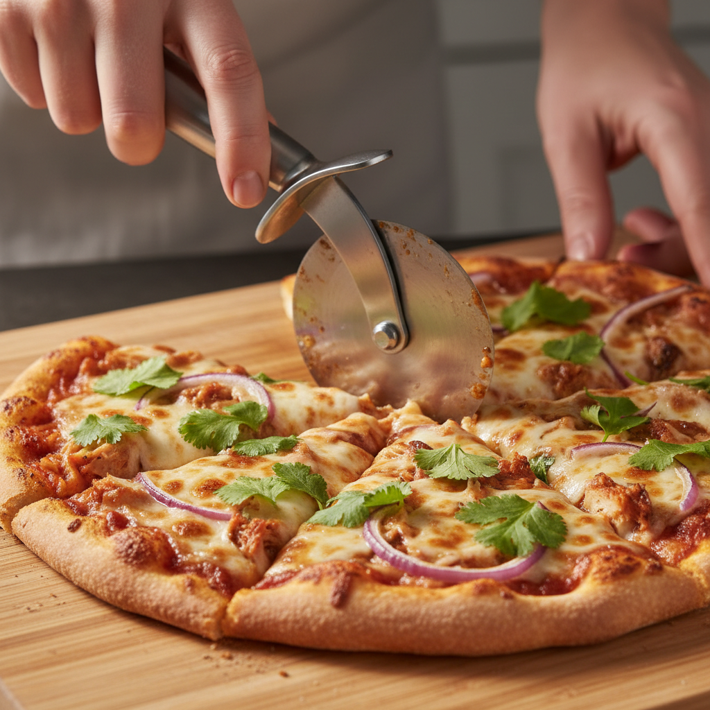 Close-up of slicing BBQ chicken pizza showing crisp crust and balanced toppings