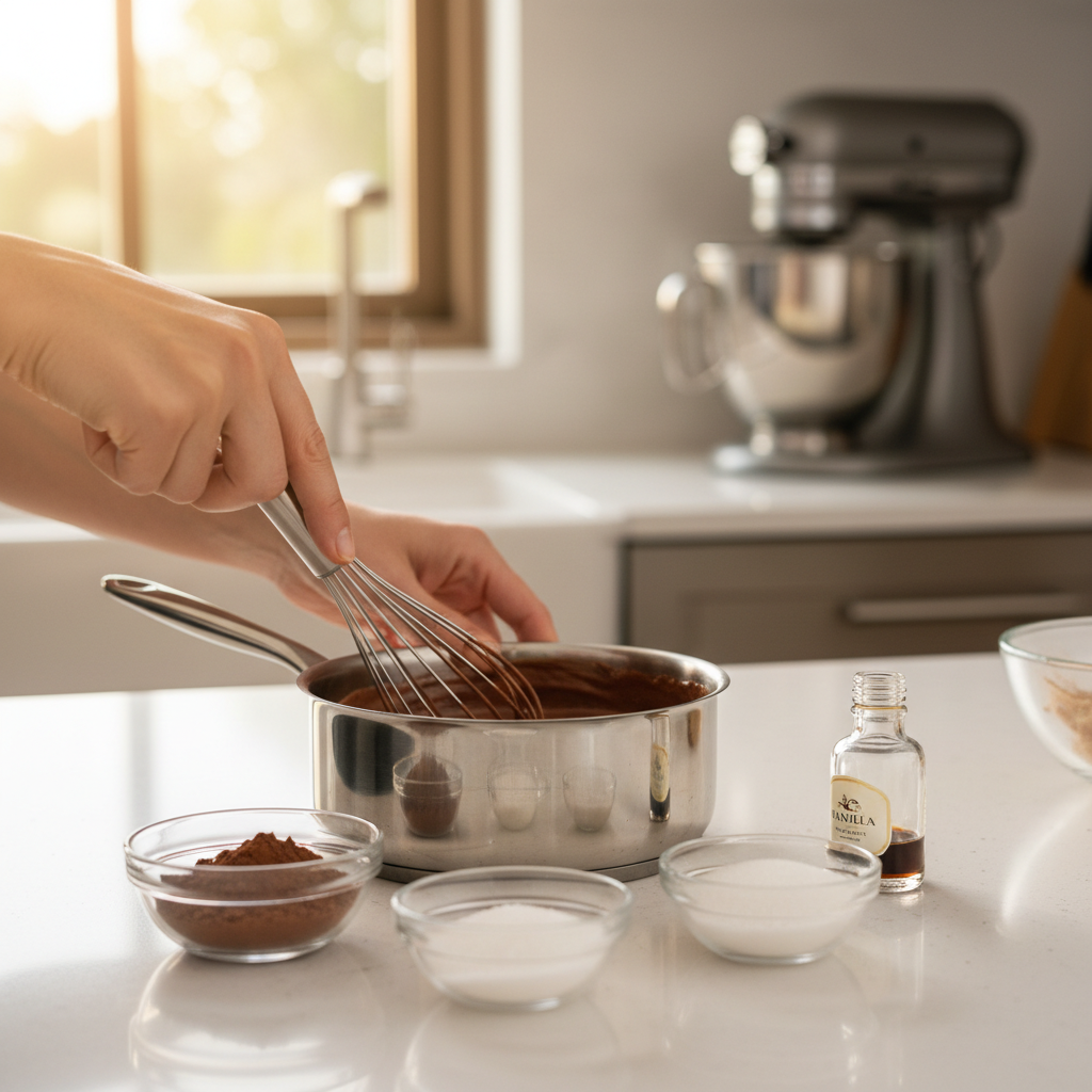Whisking cocoa paste in a saucepan for a smooth hot cocoa recipe