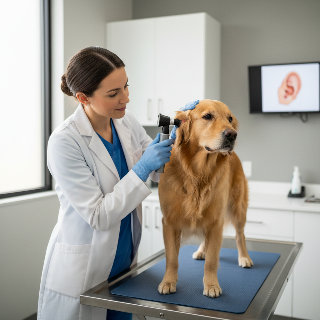 Dog ear infection signs like redness and discharge being checked