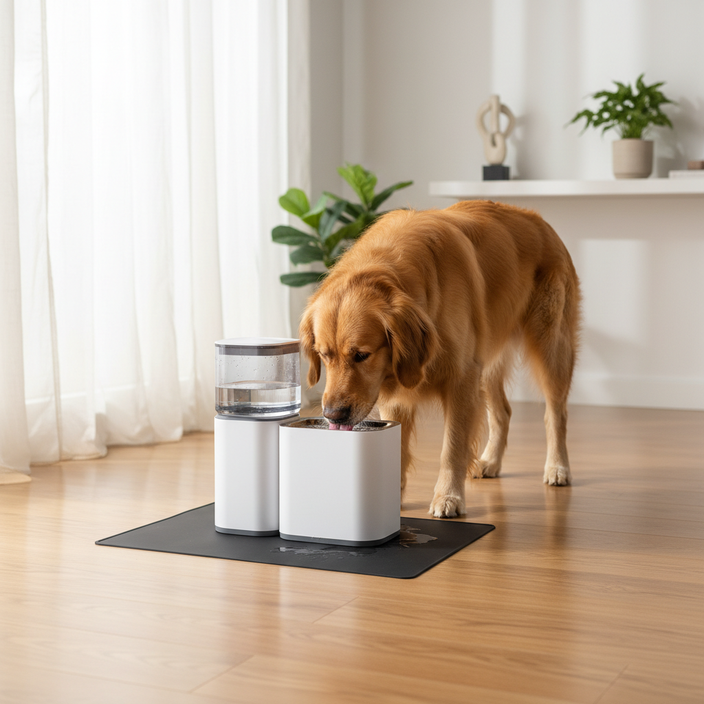 Large dog drinking from an automatic pet water dispenser on a non-slip mat