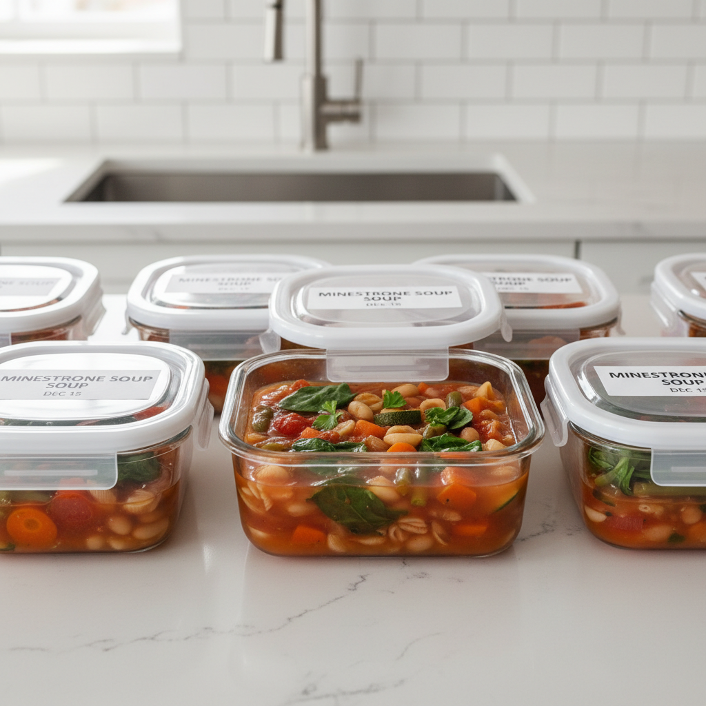 Meal prep containers filled with minestrone soup for leftovers and freezer storage