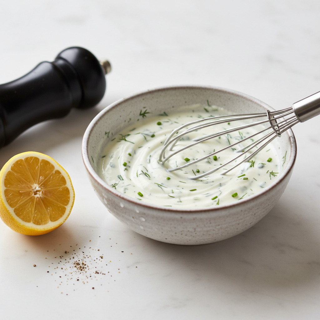 Creamy yogurt herb dressing being whisked in a bowl for salad dressings