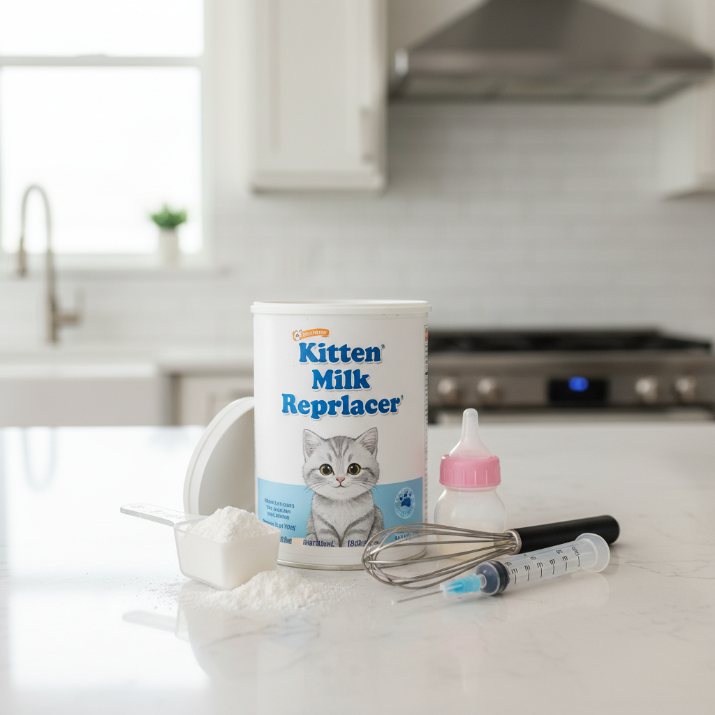 Kitten milk replacer powder and feeding syringe on a clean counter