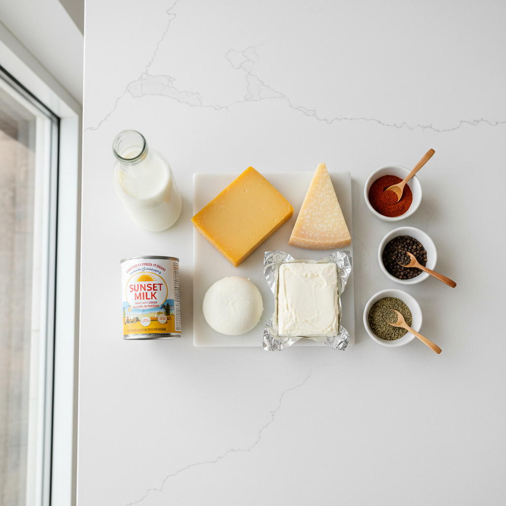 Overhead view of cheeses and dairy for creamy cheese recipes on a kitchen counter