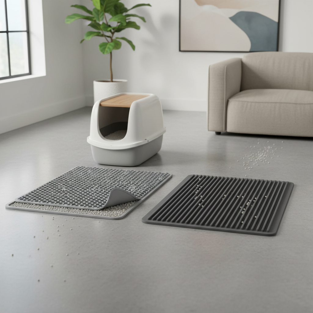 Comparison of honeycomb double-layer litter mat and textured ribbed mat near a litter box