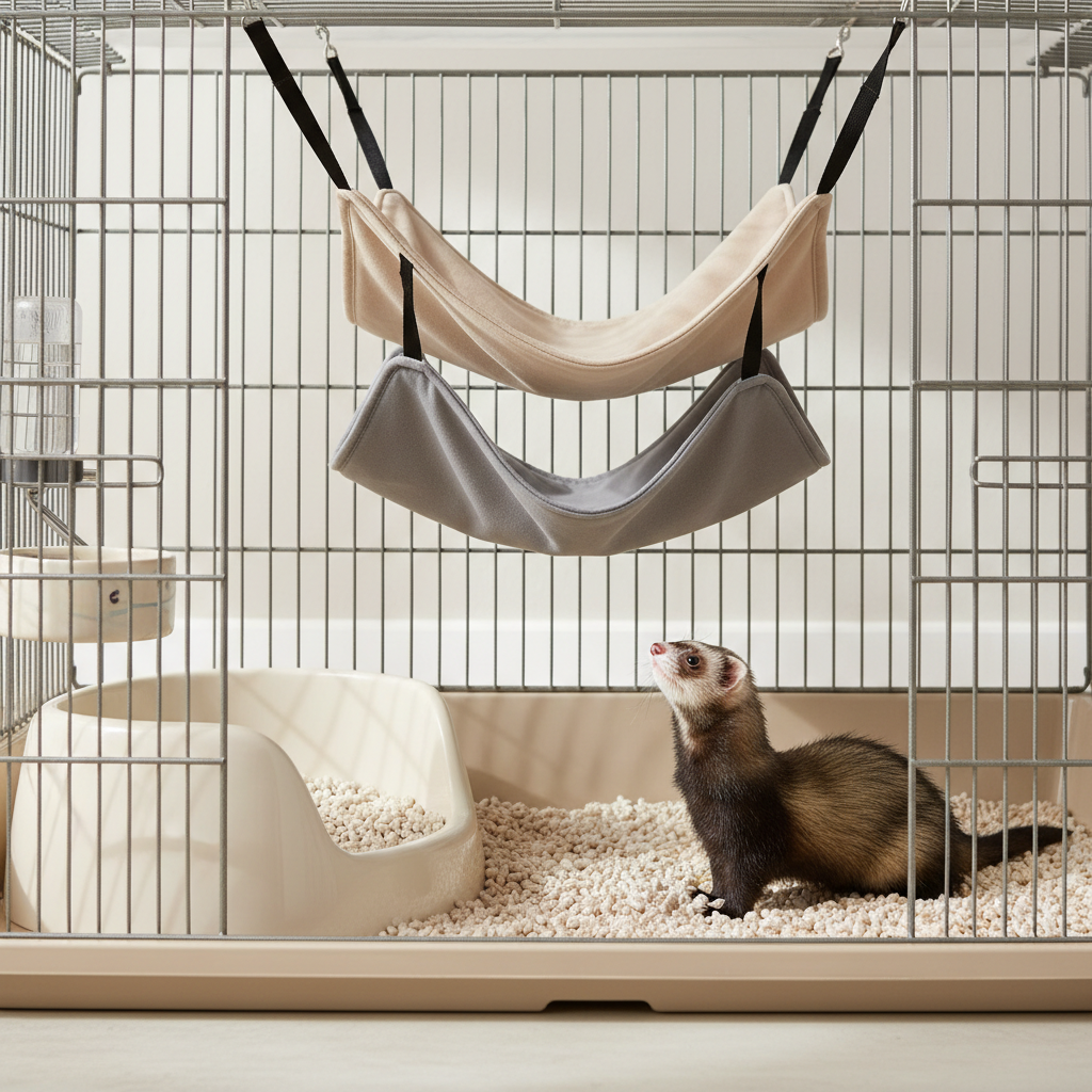 Ferret hammock height guide showing safe spacing above litter pan