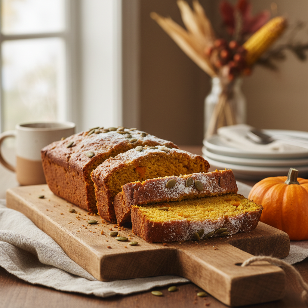 Sliced moist pumpkin bread loaf on a wooden board for fall baking