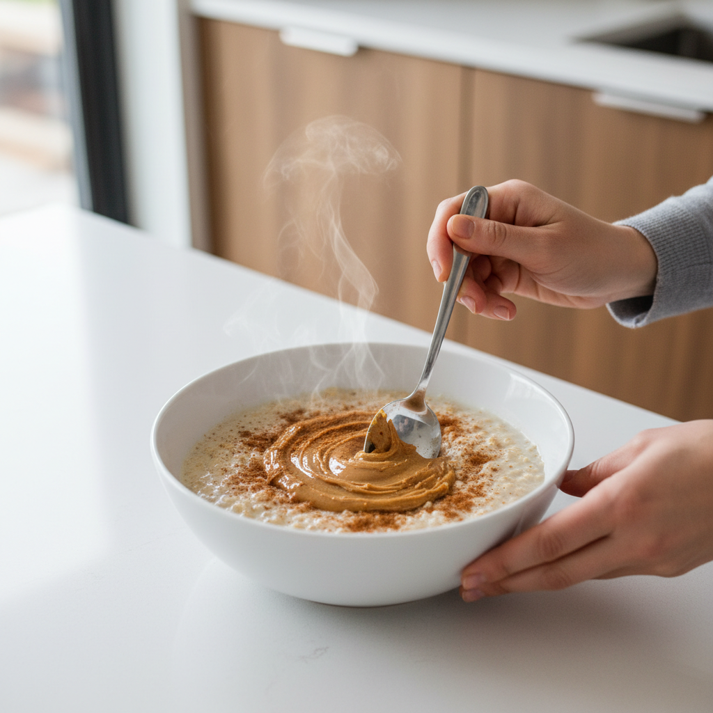 Microwave oatmeal being stirred with cinnamon and nut butter for a quick breakfast