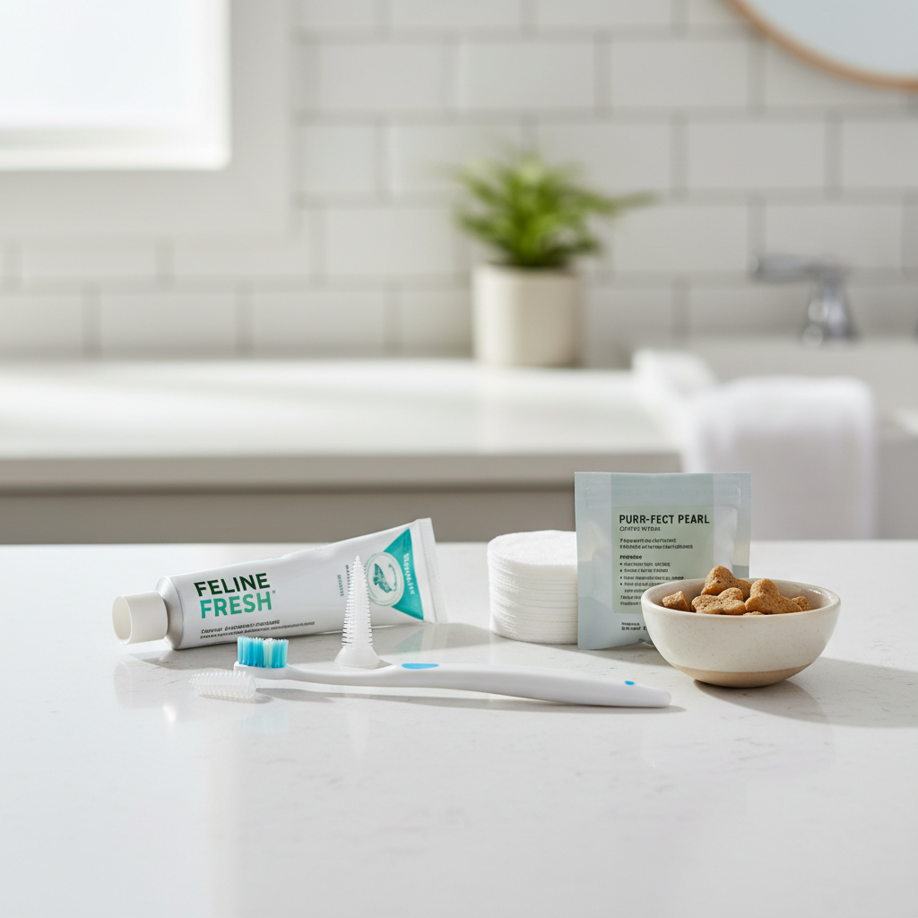 Cat dental care supplies like toothbrush, toothpaste, and dental treats laid out neatly