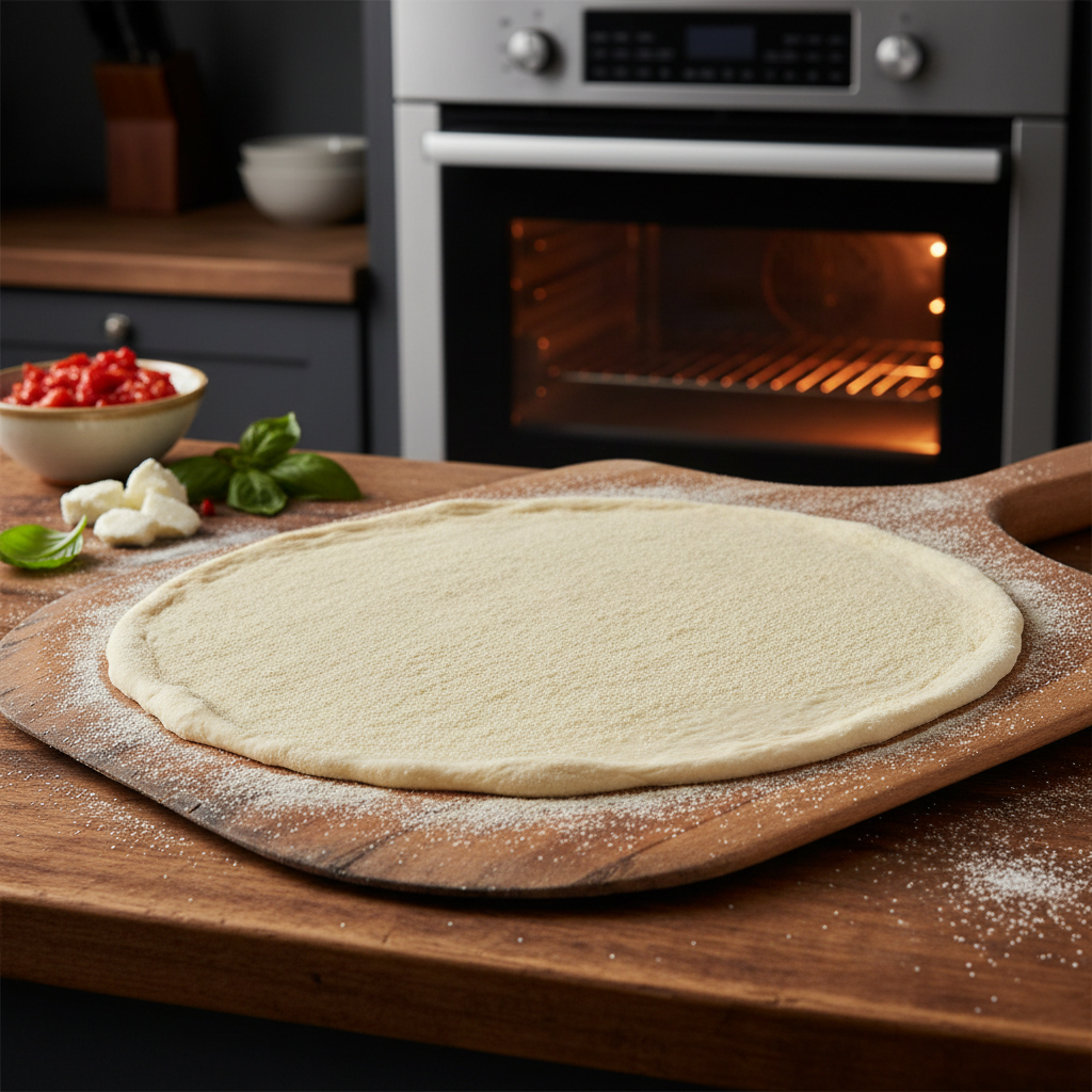 Stretched pizza dough on a peel ready to slide into a hot oven